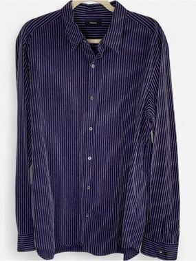 Theory Men's Dark Blue Vertical Pinstripe Dress Shirt